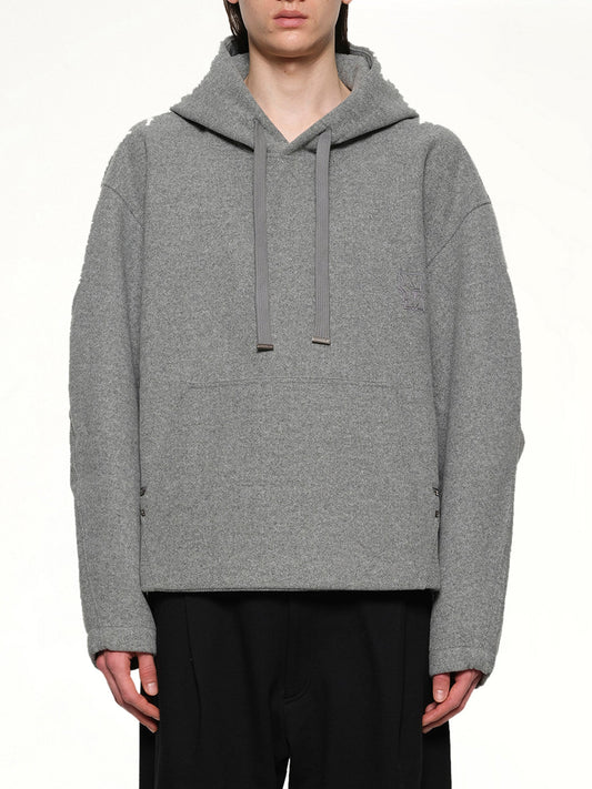 Image of a model wearing Outerwear. Productname: WOOYOUNGMI Wool Hoodie in GREY colour by brand - WOOYOUNGMI