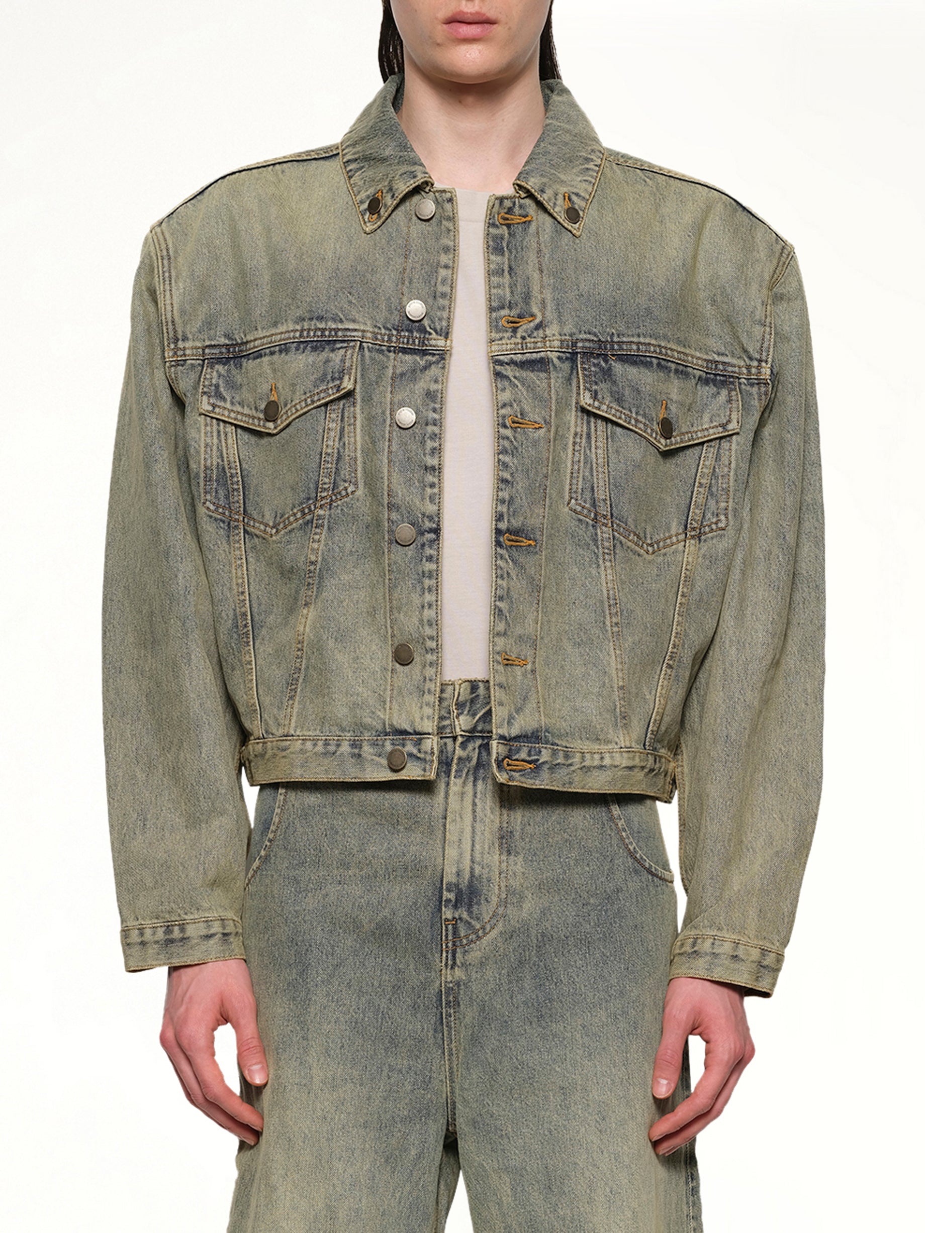 Image of Coats & Jackets. Productname: ENTIRE STUDIOS Shrunken Denim Jacket in SURFACEWAVE colour by brand - ENTIRE STUDIOS