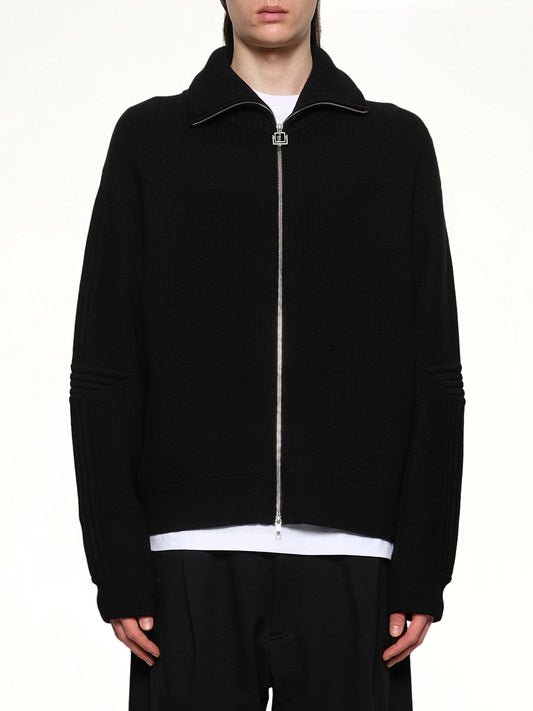 Image of a model wearing Outerwear. Productname: WOOYOUNGMI Zipped Cardigan in BLACK colour by brand - WOOYOUNGMI