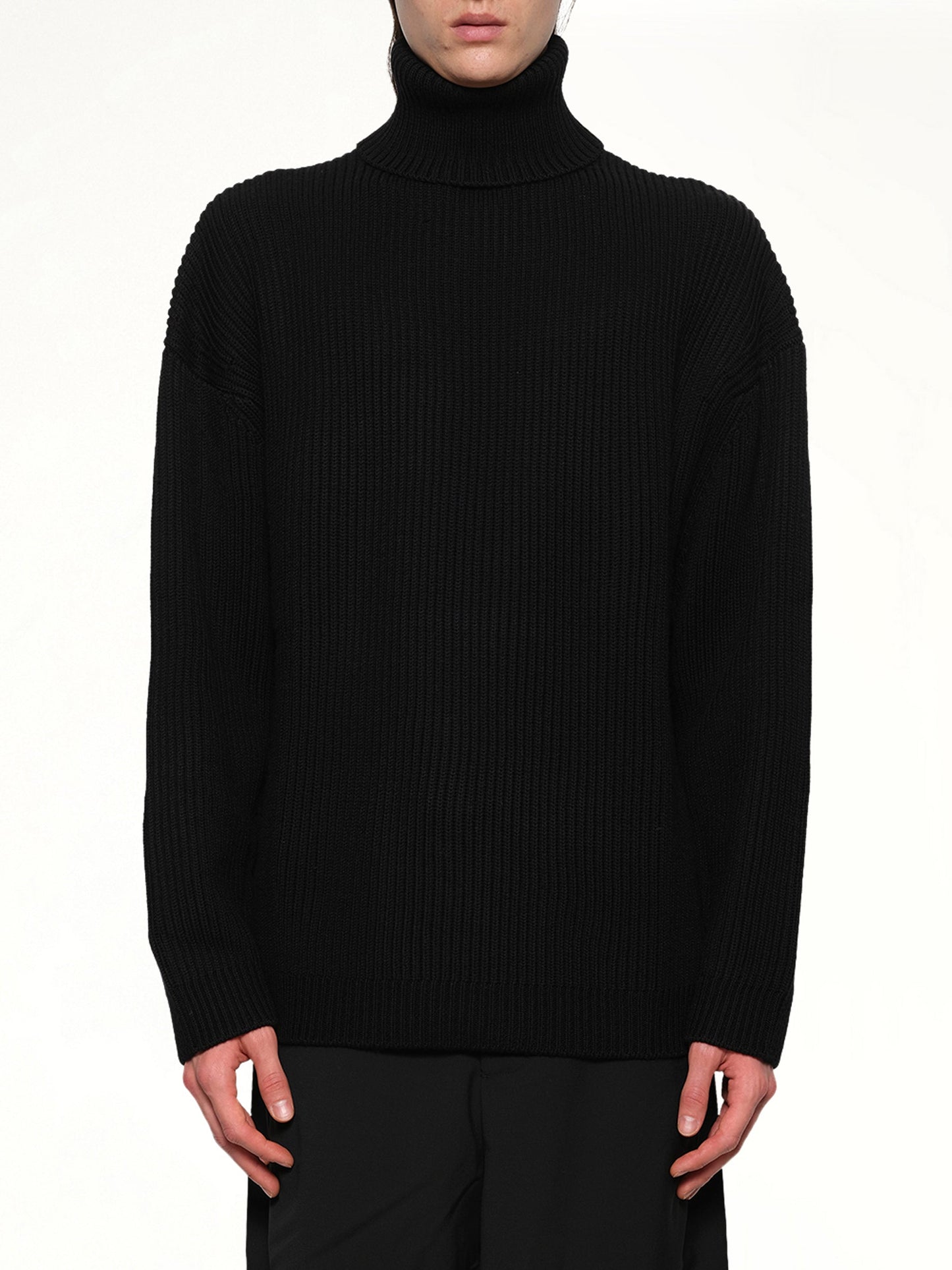 Image of a model wearing Outerwear. Product name - Chunky Turtleneck in Black colour by brand - ENTIRE STUDIOS