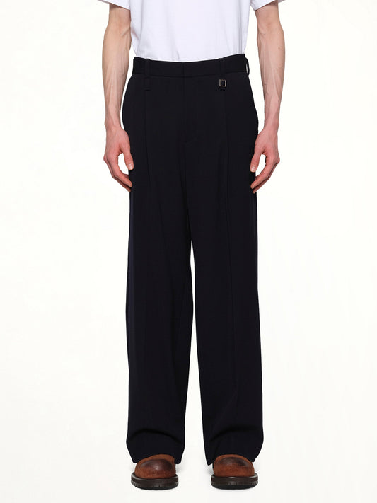 Image of a model wearing Pants. Productname: WOOYOUNGMI Wide Slacks in NAVY colour by brand - WOOYOUNGMI
