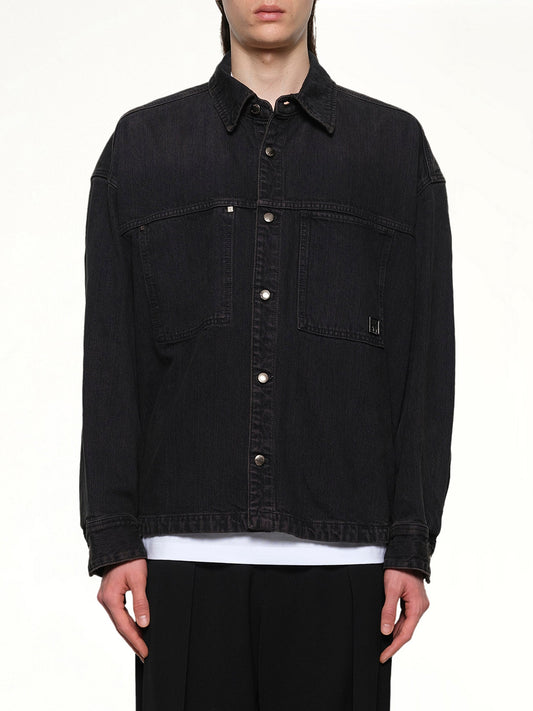 Image of a model wearing Denim. Productname: WOOYOUNGMI Double Pocket Denim Shirt in BLACK colour by brand - WOOYOUNGMI
