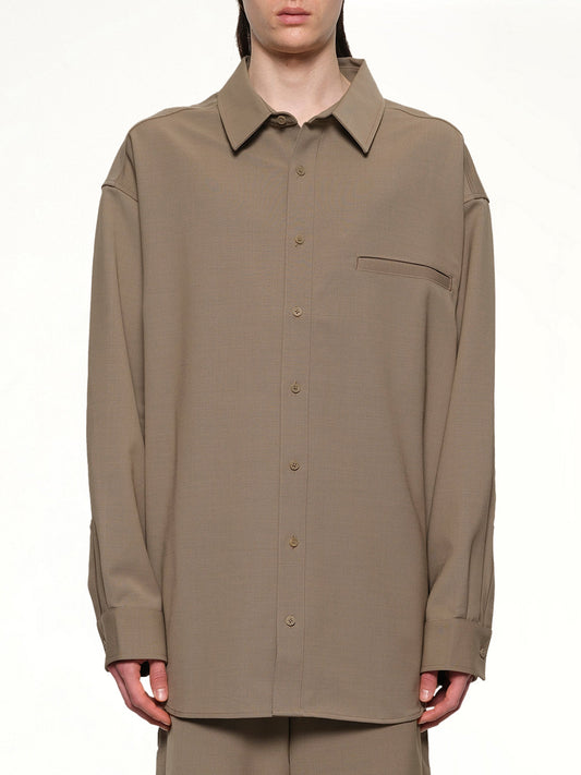 Image of a model wearing Tops. Productname: ENTIRE STUDIOS Giant Shirt in HILLS colour by brand - ENTIRE STUDIOS