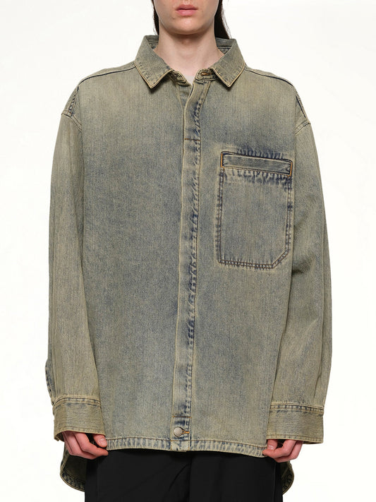 Image of a model wearing Denim. Productname: ENTIRE STUDIOS Herculean Shirt in SURFACEWAVE colour by brand - ENTIRE STUDIOS