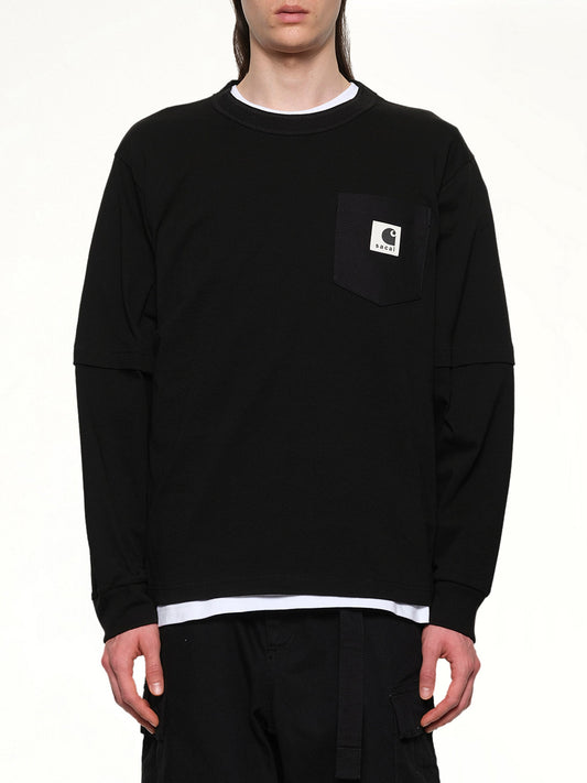 Image of a model wearing Tops. Productname: SACAI Carhartt WIP Cotton Jersey L/S T-Shirt in Black colour by brand - SACAI