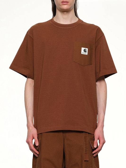 Image of a model wearing Tops. Productname: SACAI Carhartt WIP Cotton Jersey T-Shirt in Dark Beige colour by brand - SACAI