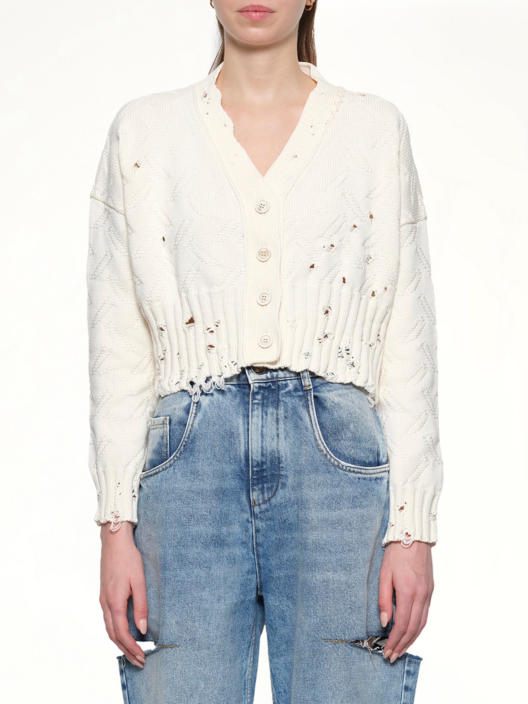 Image of a model wearing Outerwear. Productname: MARNI Jacquard Dishevelled Cardigan in Lily White colour by brand - MARNI