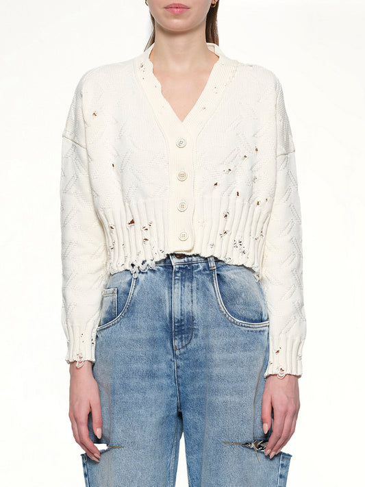 Image of a model wearing Outerwear. Productname: MARNI Jacquard Dishevelled Cardigan in Lily White colour by brand - MARNI