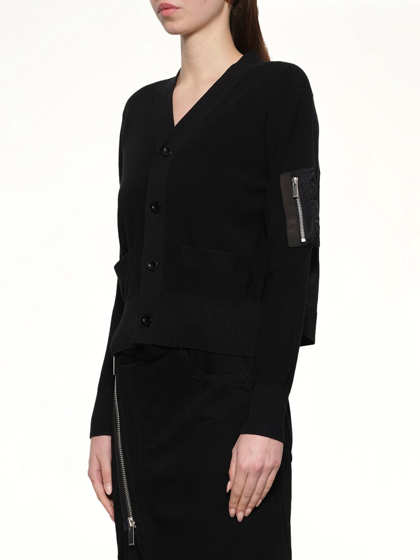 SACAI Nylon Twill x Cotton Knit Cardigan (Black)