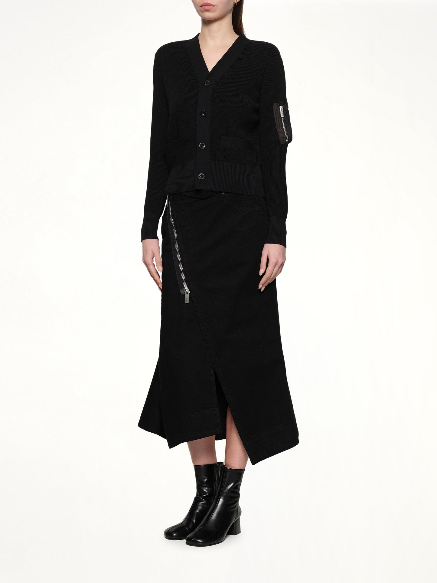 SACAI Nylon Twill x Cotton Knit Cardigan (Black)