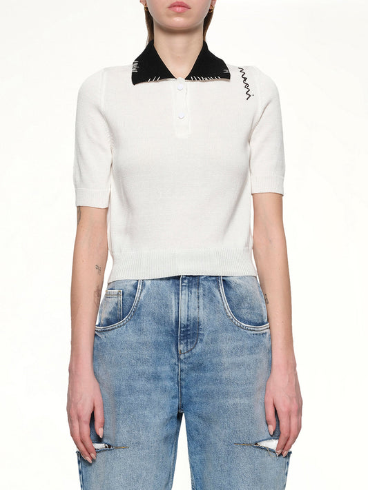 Image of a model wearing Shorts. Productname: MARNI Short Sleeve Knit Polo in Natural White colour by brand - MARNI
