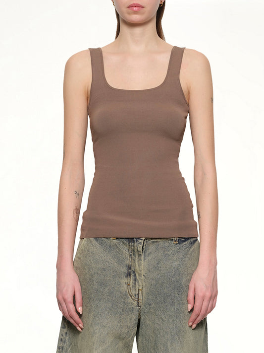 Image of a model wearing Tops. Productname: ENTIRE STUDIOS Squared Neck Top in TAN colour by brand - ENTIRE STUDIOS