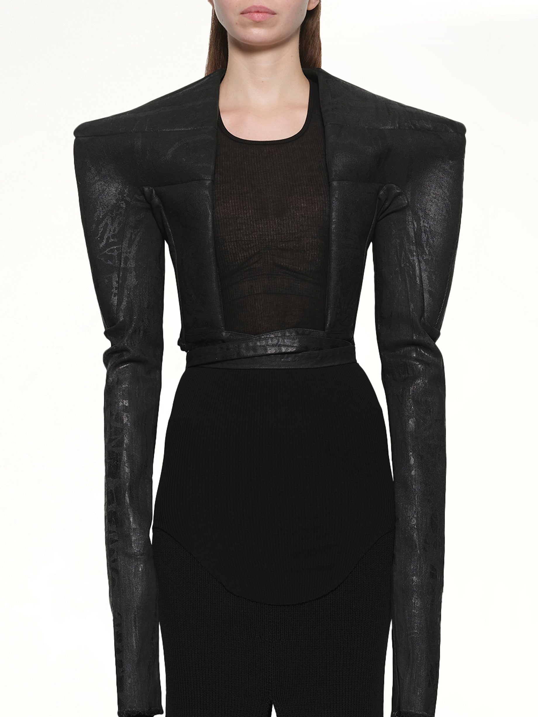 Image of a model wearing Outerwear. Productname: RICK OWENS Tight Jacket in Black colour by brand - RICK OWENS