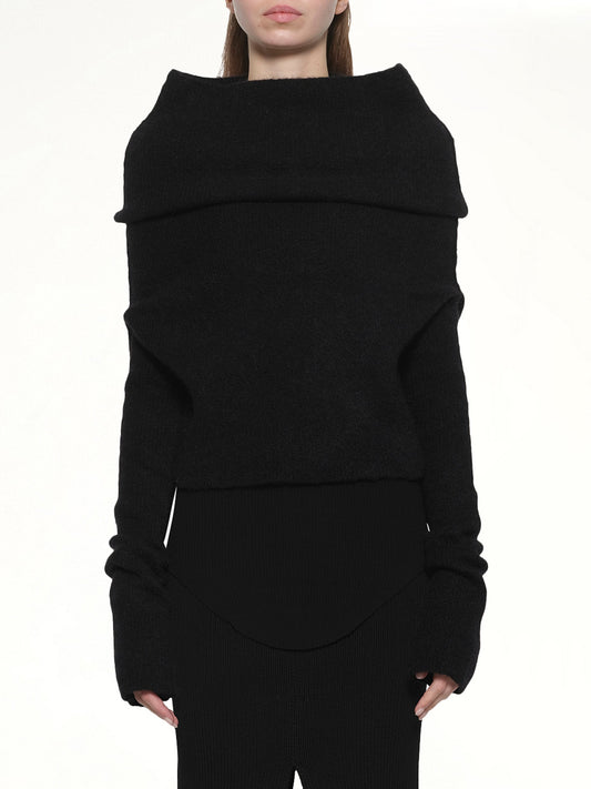 Image of a model wearing Tops. Productname: RICK OWENS LS Cowl in Black colour by brand - RICK OWENS