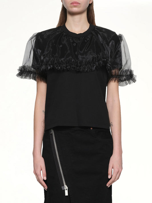 Image of a model wearing Tops. Productname: NOIR KEI NINOMIYA Tulle T-Shirt in Black colour by brand - NOIR KEI NINOMIYA