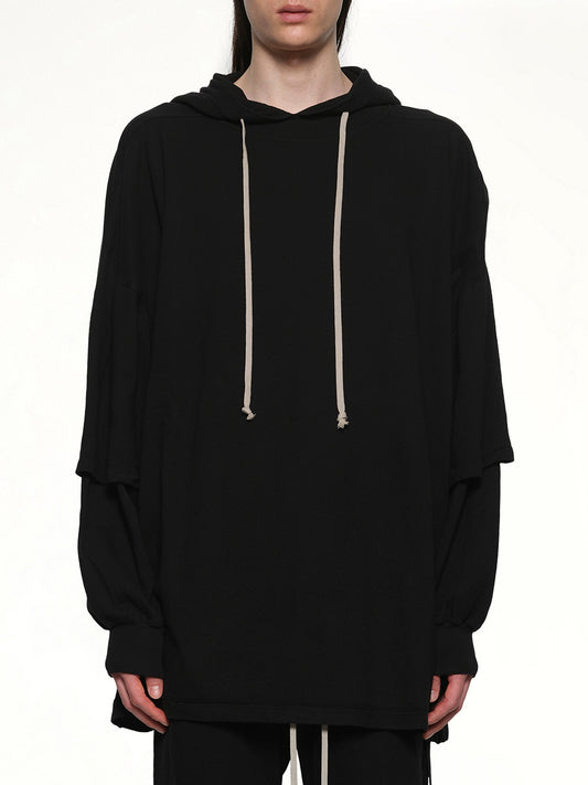 Image of a model wearing Outerwear. Productname: RICK OWENS DRKSHDW Tommy Hustler Hoodie in Black colour by brand - RICK OWENS DRKSHDW