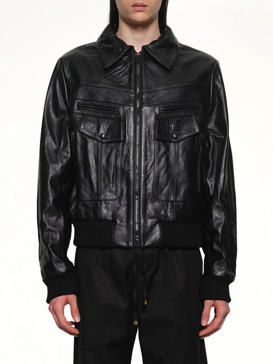 Image of Coats & Jackets. Productname: AMIRI Leather Double Pocket Blouson in BLACK colour by brand - AMIRI
