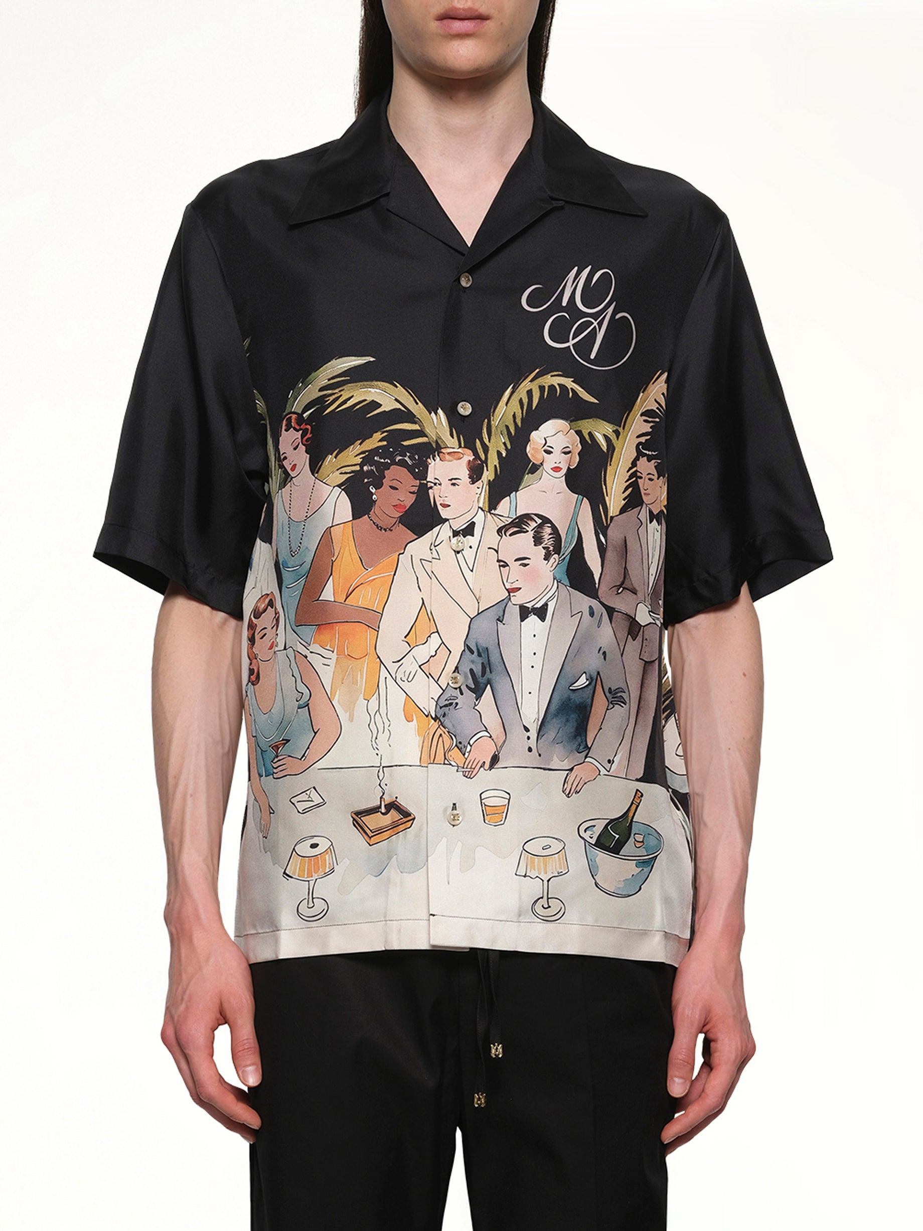 Image of a model wearing Tops. Productname: AMIRI Bar Scene Bowling Shirt in BLACK colour by brand - AMIRI