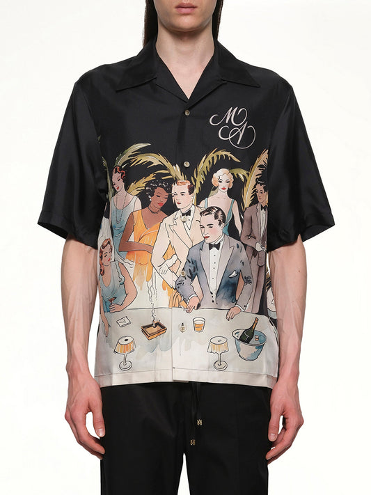 Image of a model wearing Tops. Productname: AMIRI Bar Scene Bowling Shirt in BLACK colour by brand - AMIRI