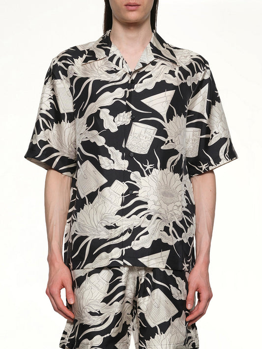 Image of a model wearing Tops. Productname: AMIRI Floral Bowling Shirt in BLACK colour by brand - AMIRI
