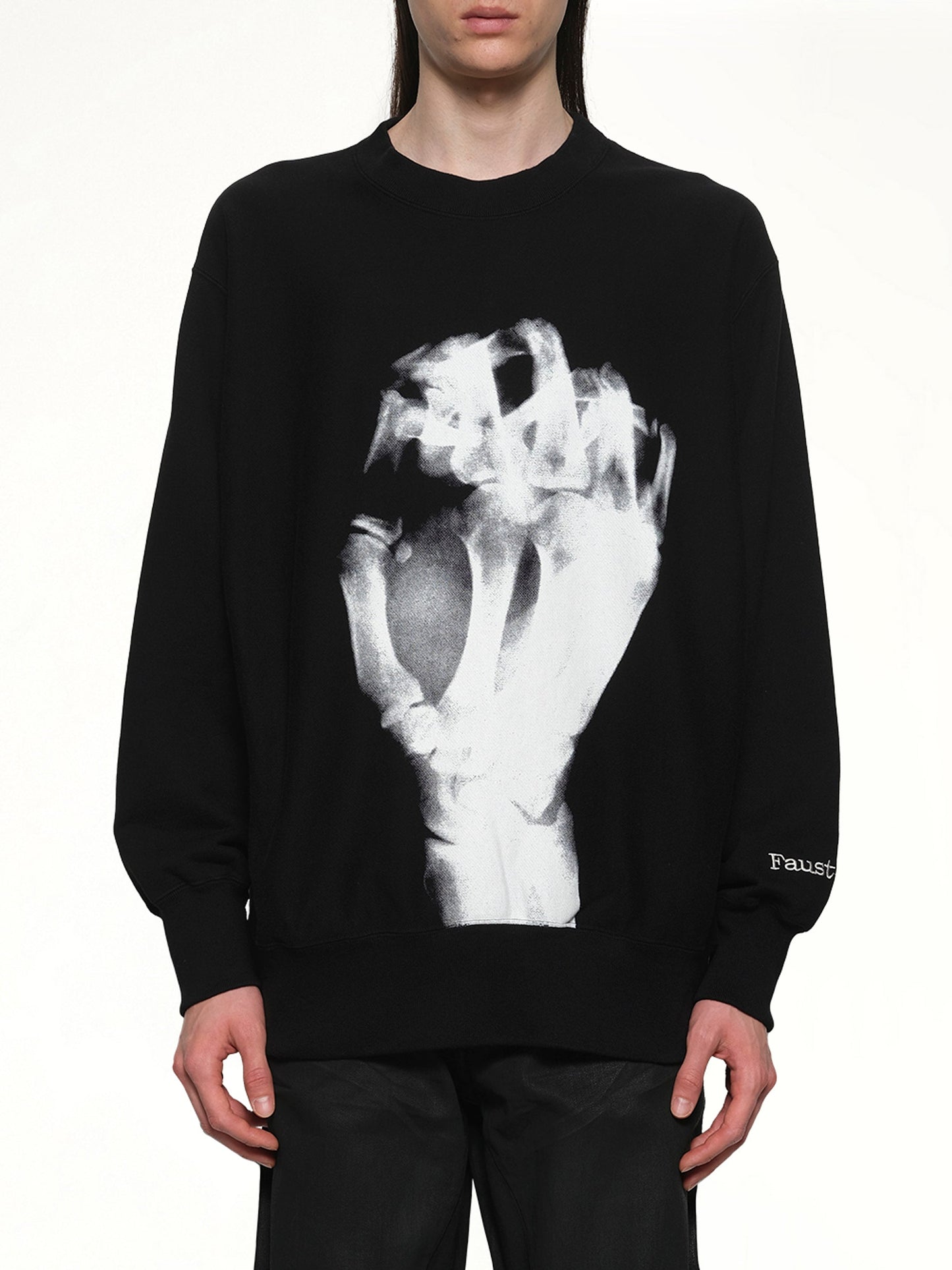Image of a model wearing Outerwear. Productname: UNDERCOVER Faust Sweatshirt in BLACK colour by brand - UNDERCOVER