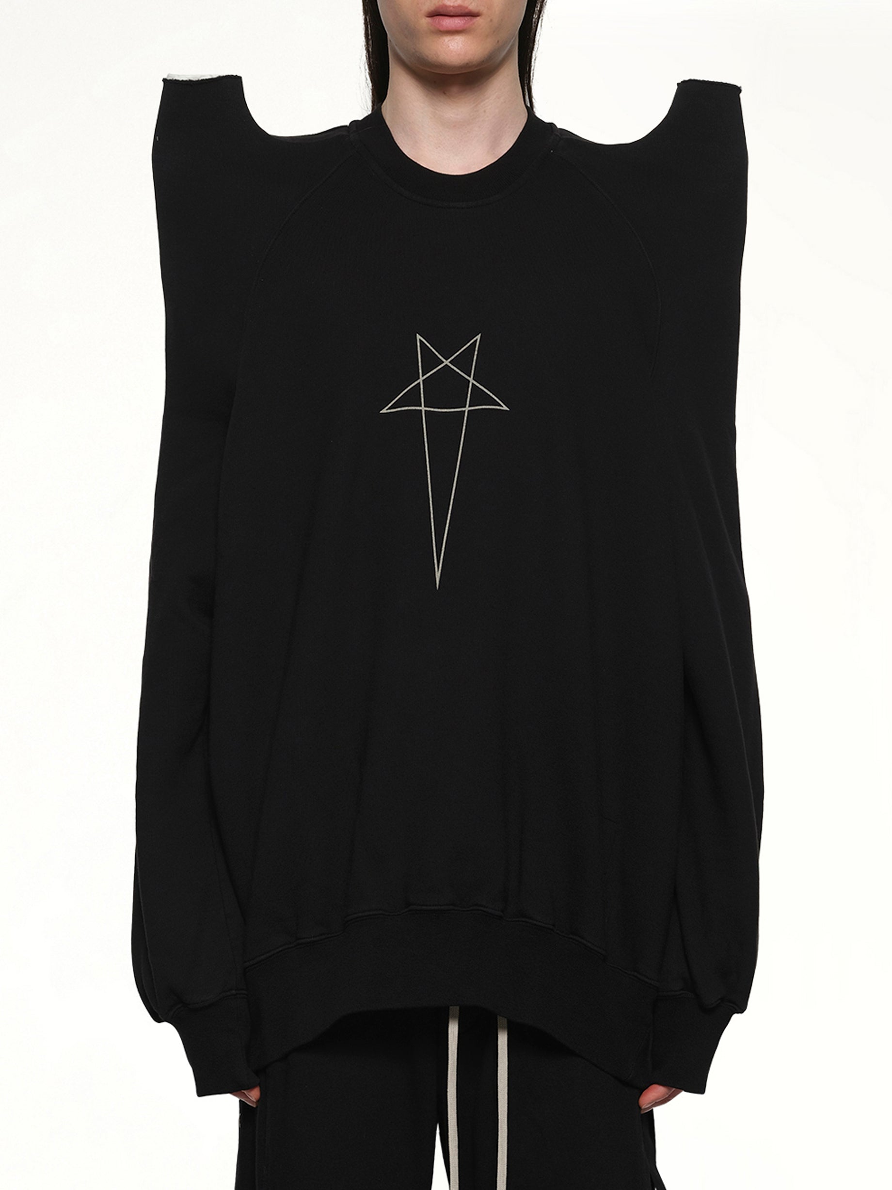 Image of a model wearing Outerwear. Productname: RICK OWENS DRKSHDW Pentagram Tec Sweat in Black/Pearl colour by brand - RICK OWENS DRKSHDW