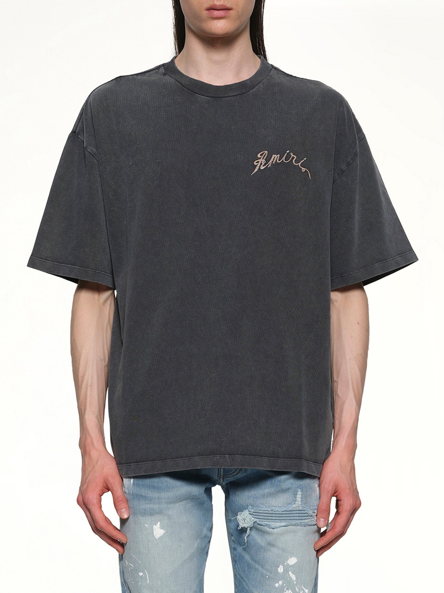 Image of a model wearing Tops. Productname: AMIRI Amiri Dragon Overized Tee in BLACK colour by brand - AMIRI