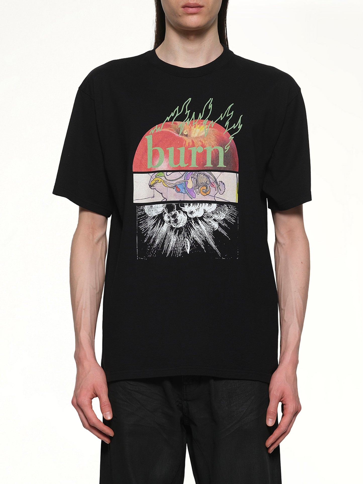Image of a model wearing Tops. Productname: UNDERCOVER Burn T-Shirt in BLACK colour by brand - UNDERCOVER