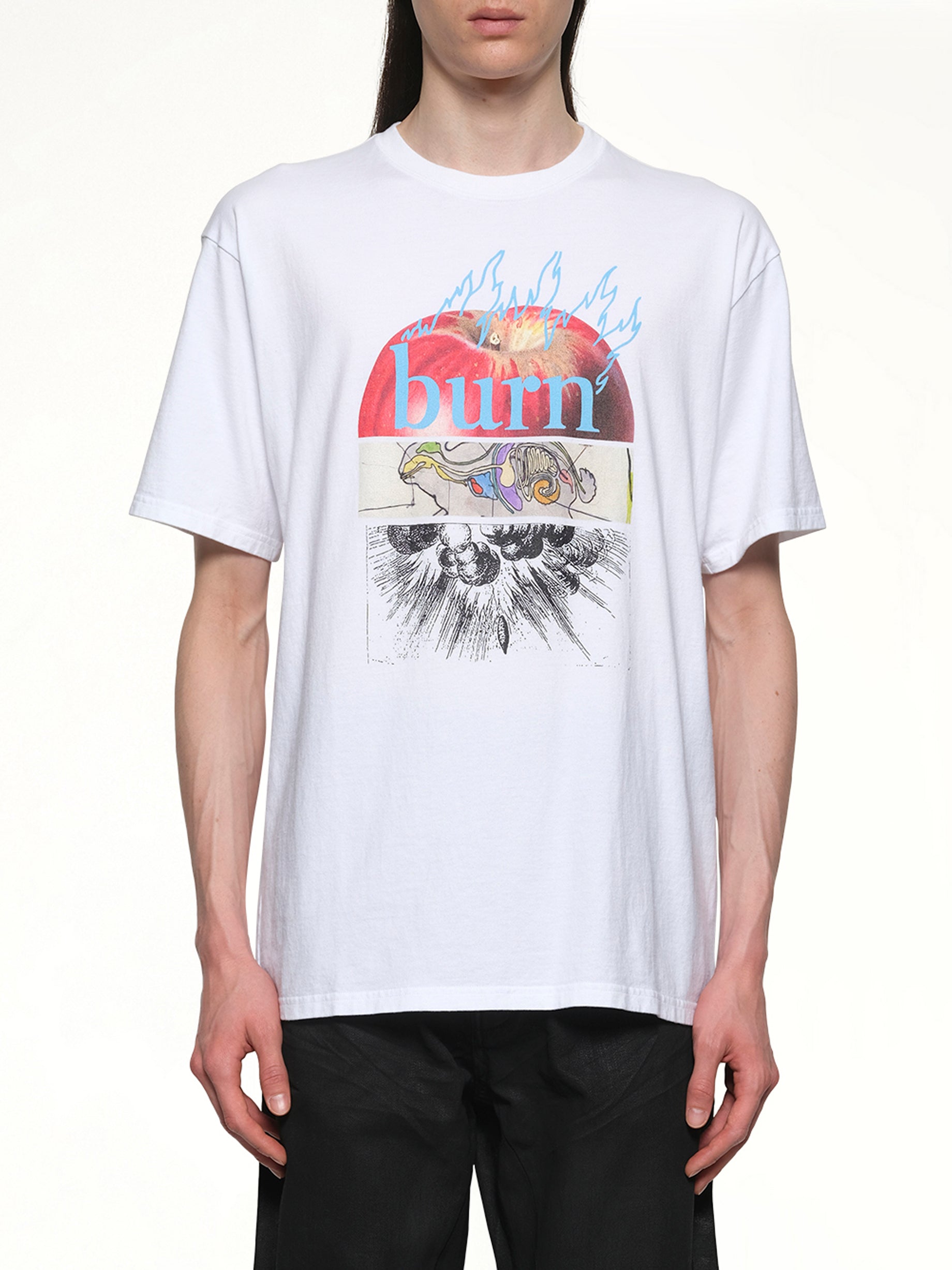 Image of a model wearing Tops. Productname: UNDERCOVER Burn T-Shirt in WHITE colour by brand - UNDERCOVER