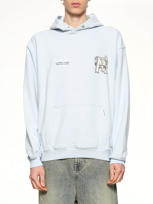 Image of a model wearing Outerwear. Productname: REPRESENT Legacy Falcon Hoodie in Cloud colour by brand - REPRESENT