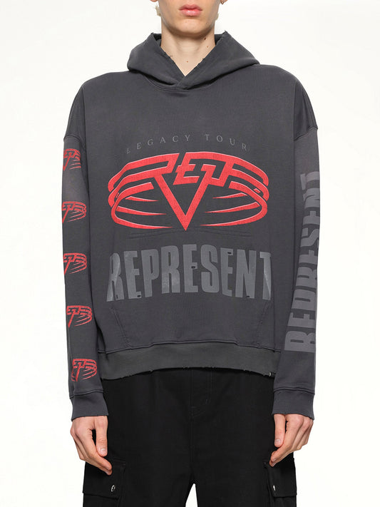 Image of a model wearing Outerwear. Productname: REPRESENT Represent Living Legacy Tour Hoodie in Sun Fade Grey colour by brand - REPRESENT