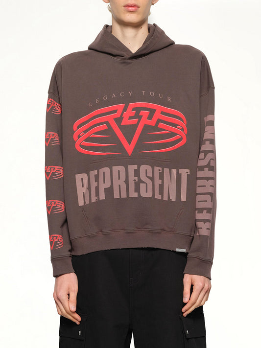 Image of a model wearing Outerwear. Productname: REPRESENT Reversible Living Legacy Falcon Hoodie in Nero colour by brand - REPRESENT