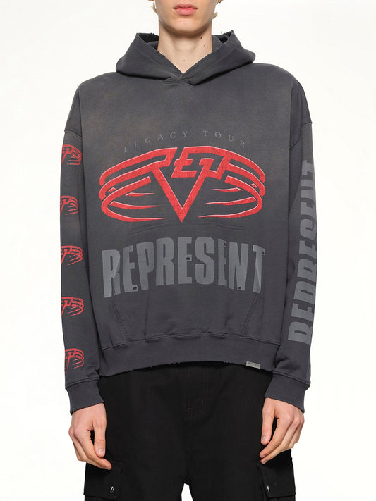 Image of a model wearing Outerwear. Productname: REPRESENT Reversible Living Legacy Falcon Hoodie in Sun Fade Grey colour by brand - REPRESENT