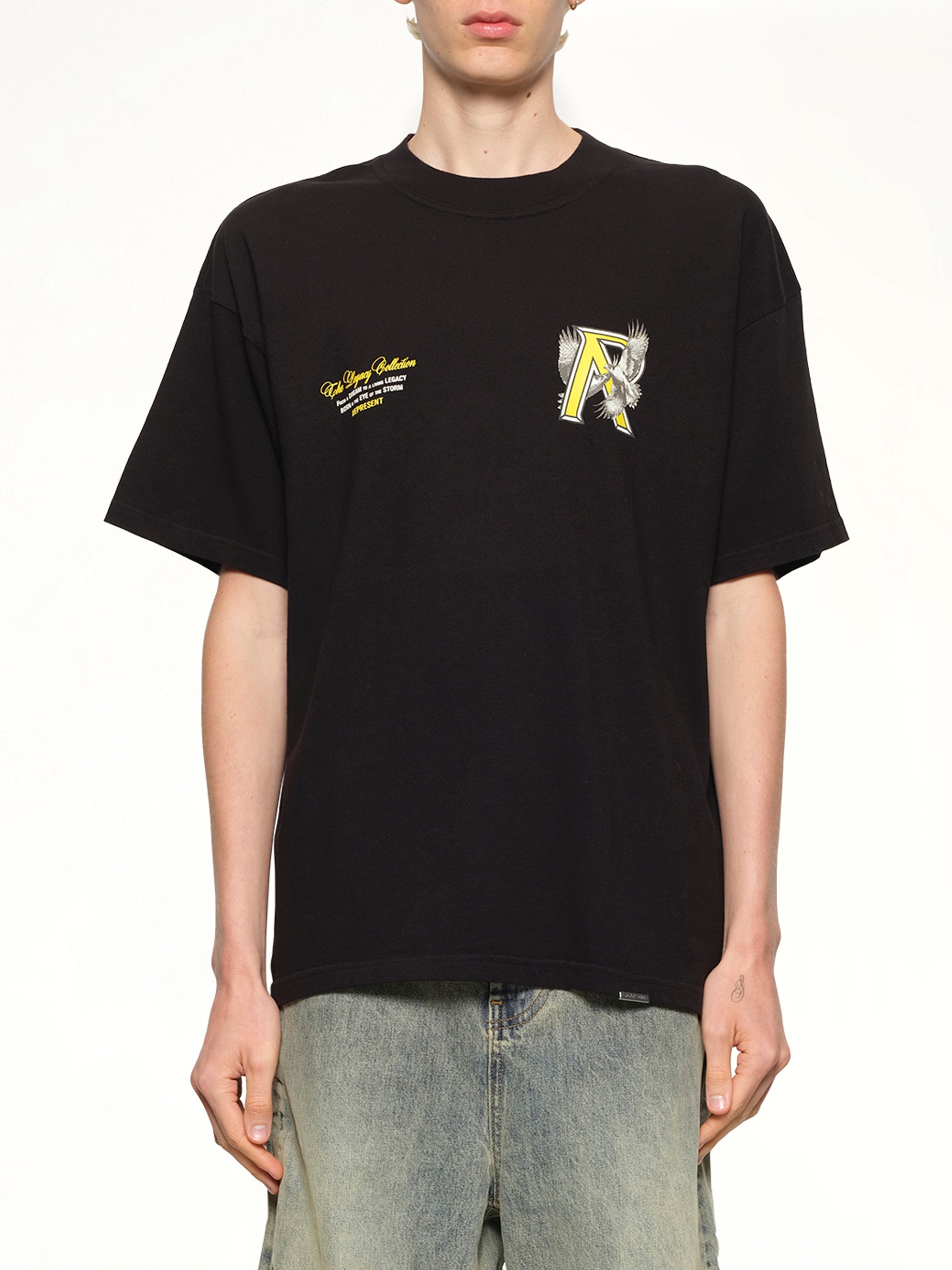 Image of a model wearing Tops. Productname: REPRESENT Legacy Falcon T-Shirt in Jet Black colour by brand - REPRESENT