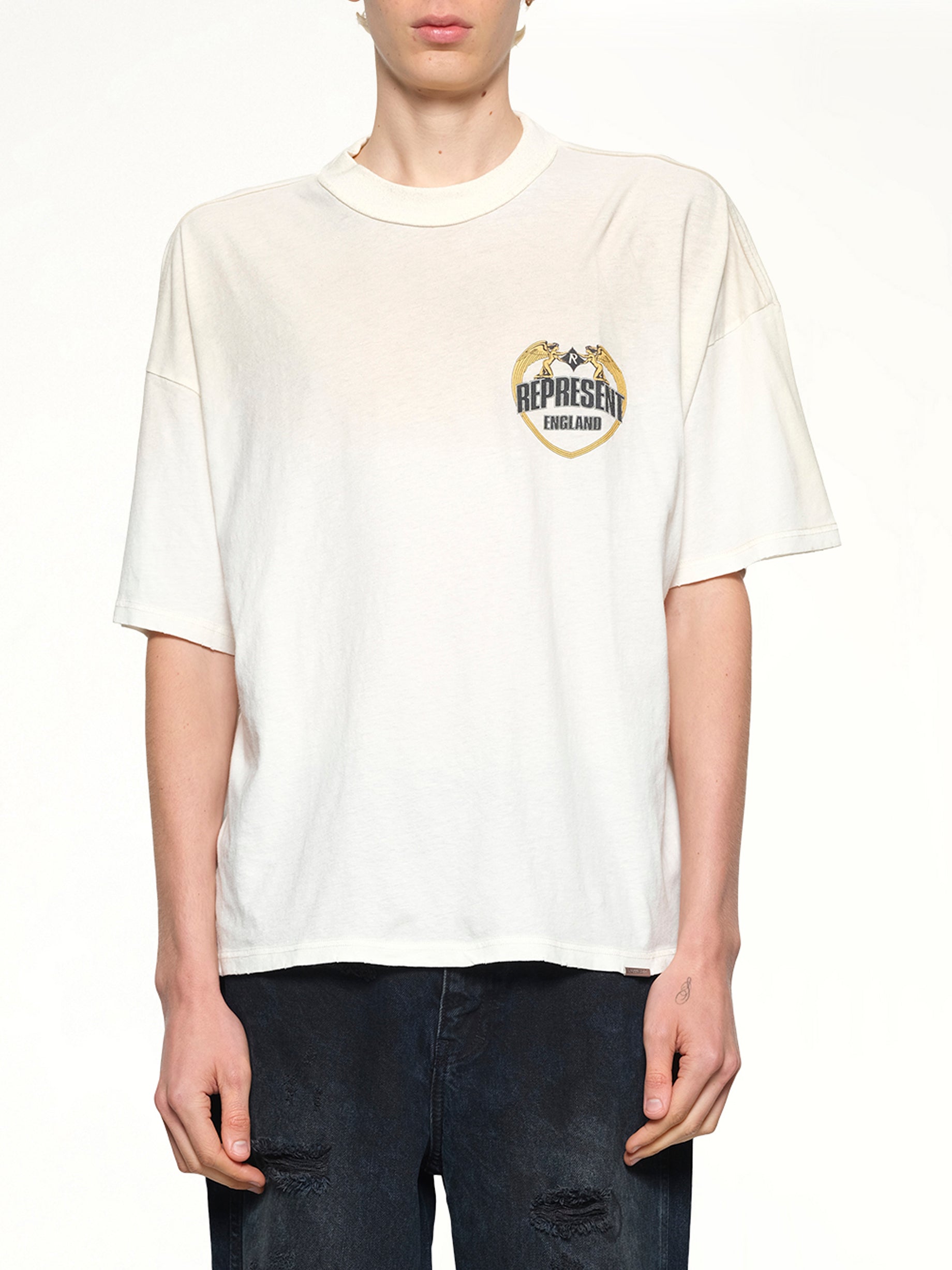 Image of T-Shirts. Product name - Represent Angel Border T-Shirt in Washed Ecru colour by brand - REPRESENT