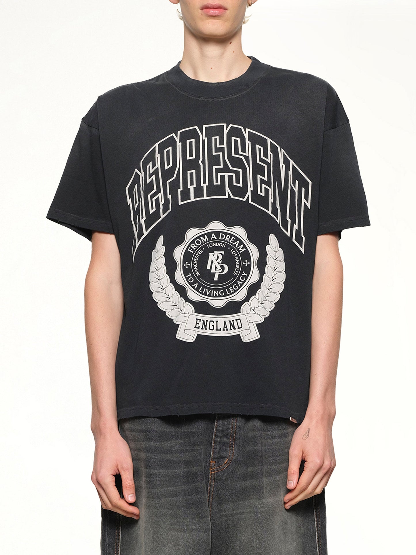 Image of T-Shirts. Product name - Represent Legacy Crest T-Shirt in Stained Black colour by brand - REPRESENT
