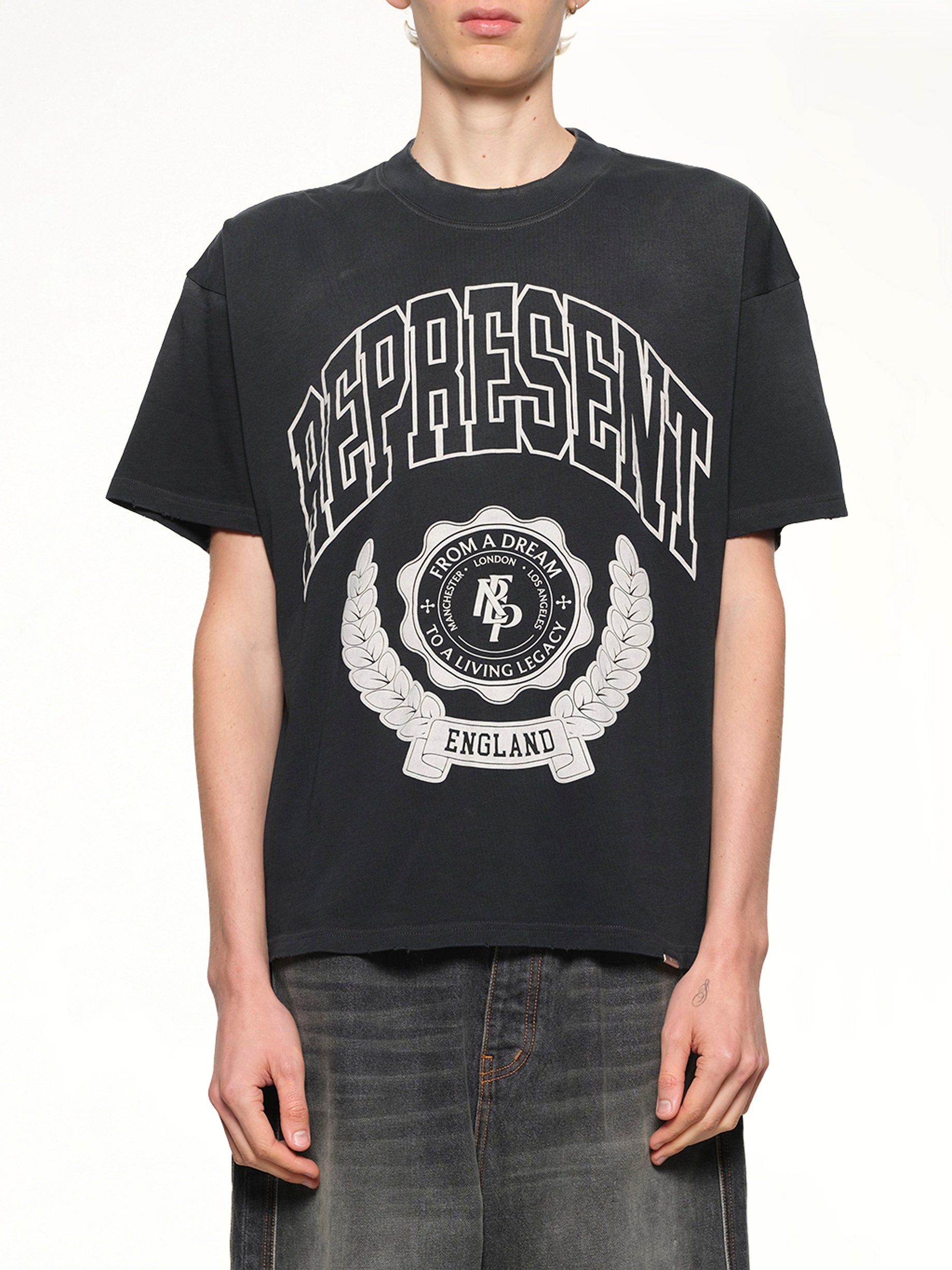 Image of T-Shirts. Product name - Represent Legacy Crest T-Shirt in Stained Black colour by brand - REPRESENT