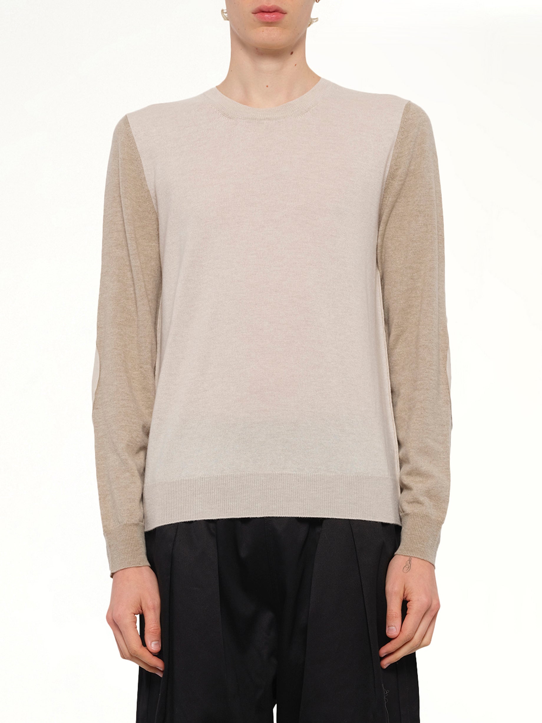 Image of a model wearing Outerwear. Product name - Two-Tone Sweater in Beige colour by brand - MAISON MARGIELA