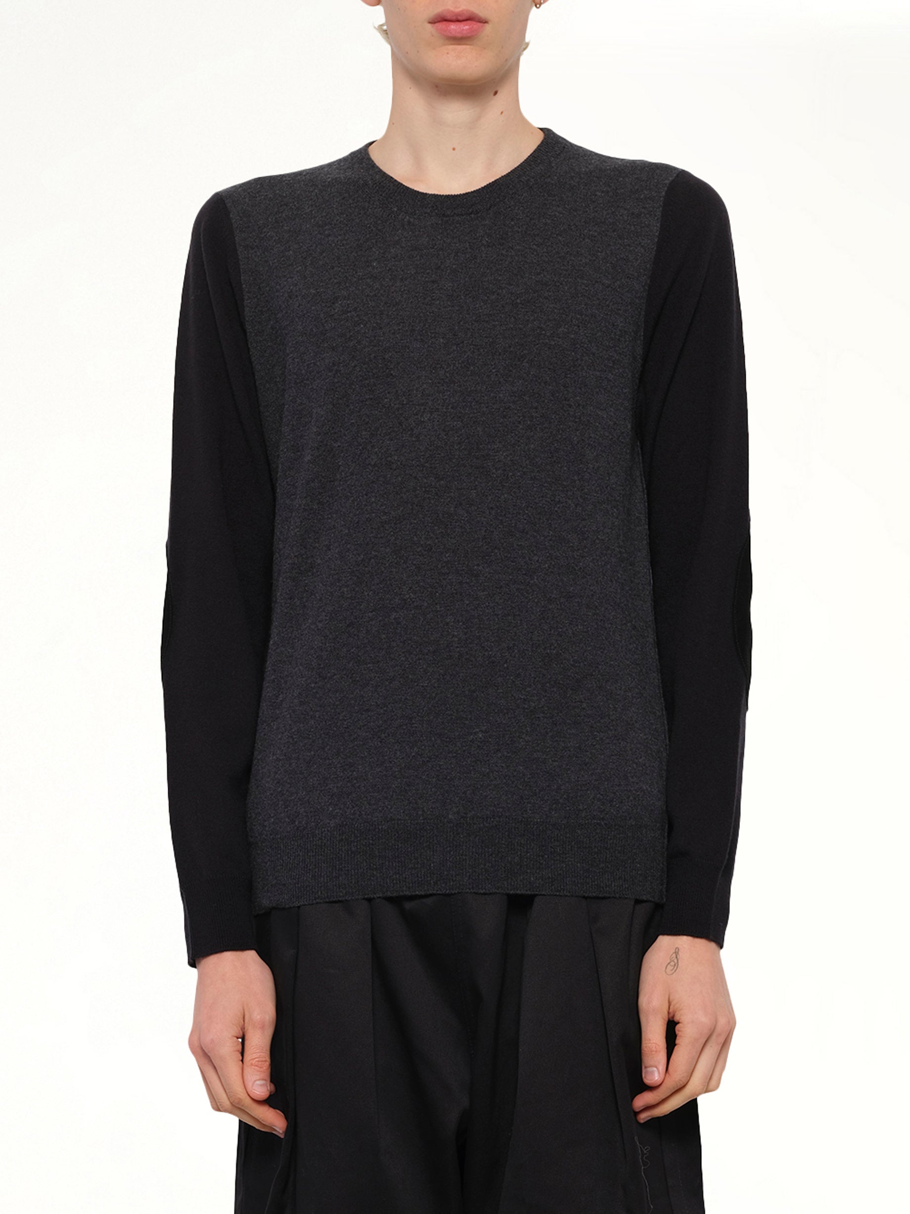 Image of a model wearing Outerwear. Product name - Two-Tone Sweater in Grey colour by brand - MAISON MARGIELA