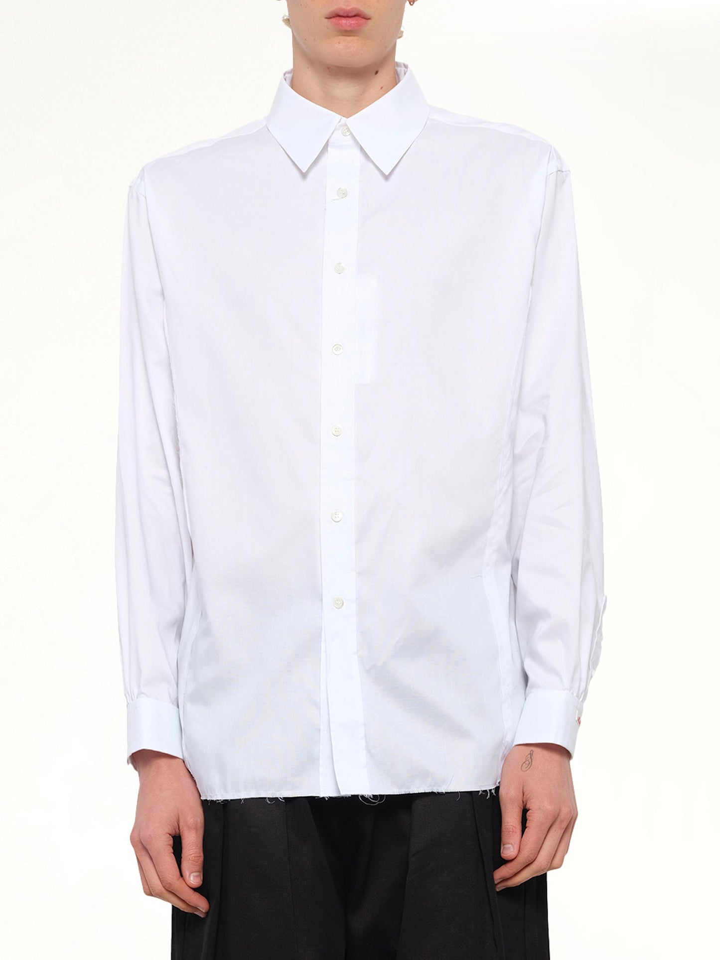 Image of Shirts. Product name - Long-sleeved Frayed Hem Shirt in White colour by brand - MAISON MARGIELA