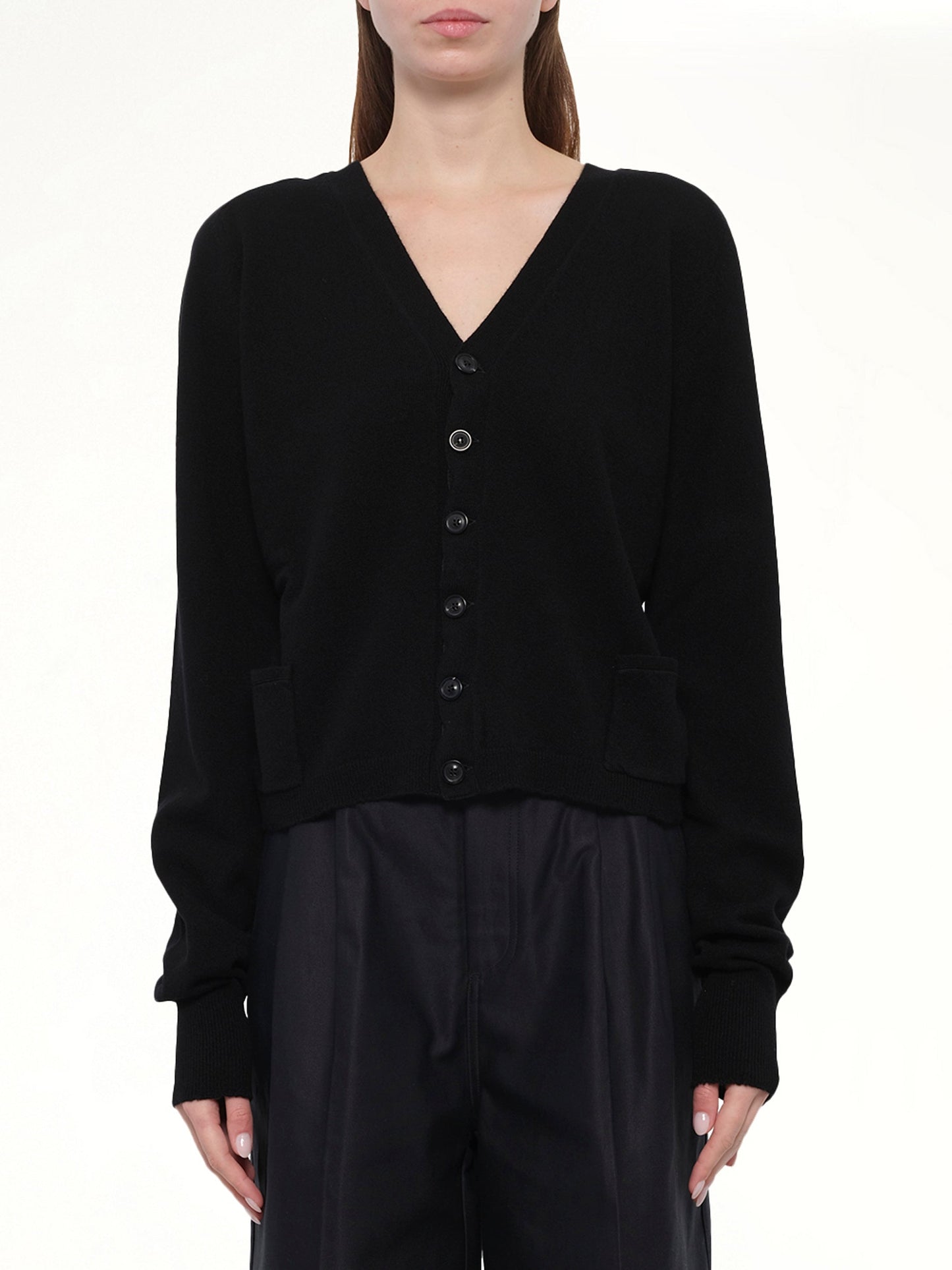 Image of Cardigans. Product name - Gauge 14 Wool V-Neck Cardigan in Black colour by brand - MAISON MARGIELA