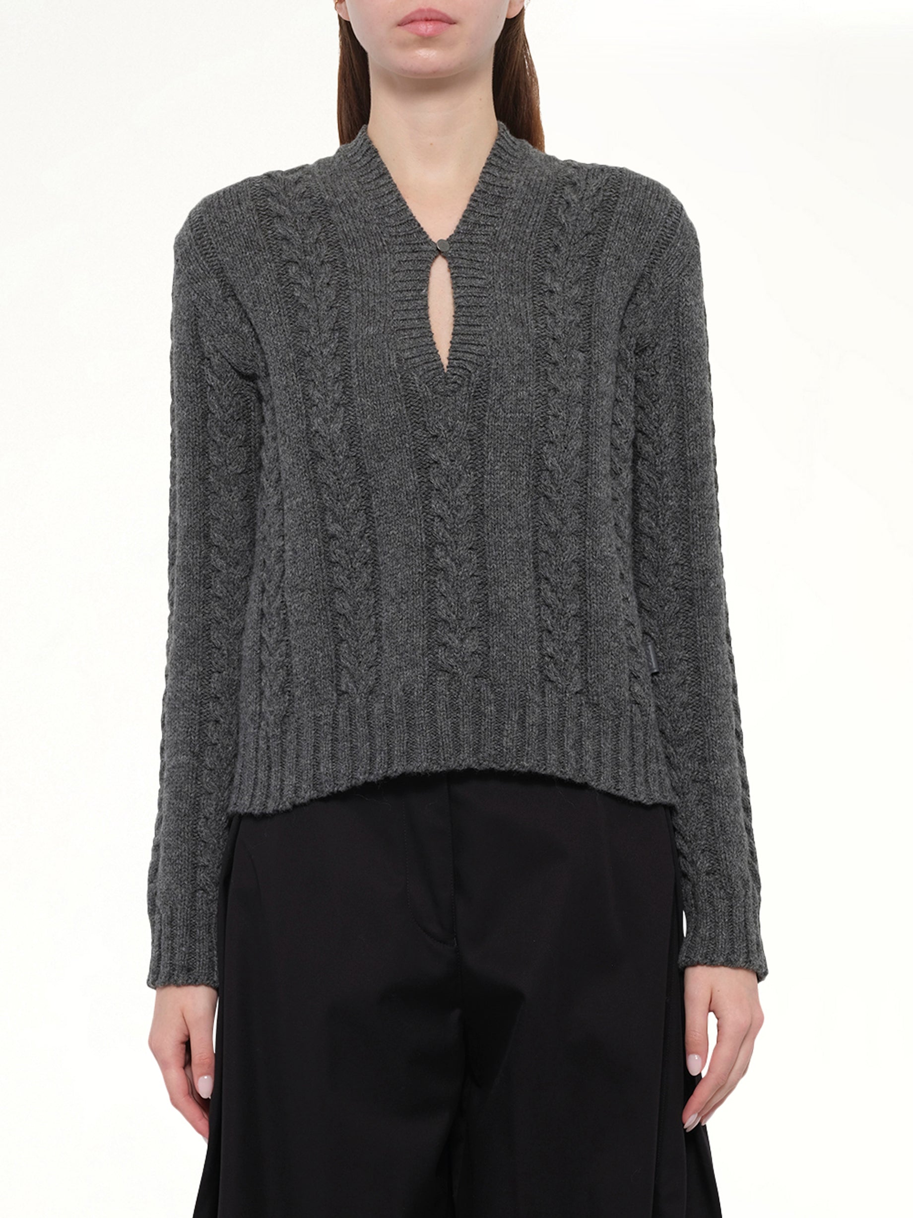 Image of a model wearing Outerwear. Product name - Sweater in Grey colour by brand - LOEWE