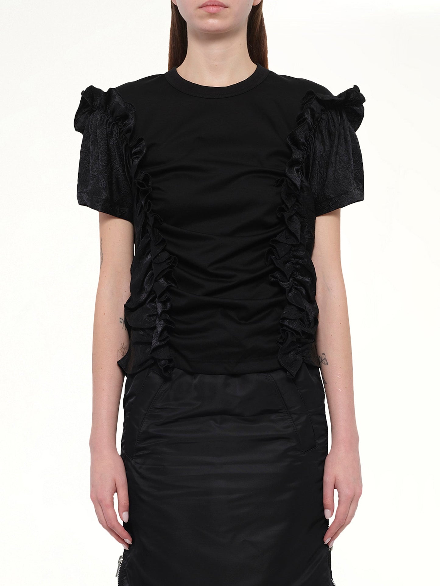 Image of a model wearing Tops. Productname: NOIR KEI NINOMIYA Cotton Ponte T-Shirt in Black colour by brand - NOIR KEI NINOMIYA