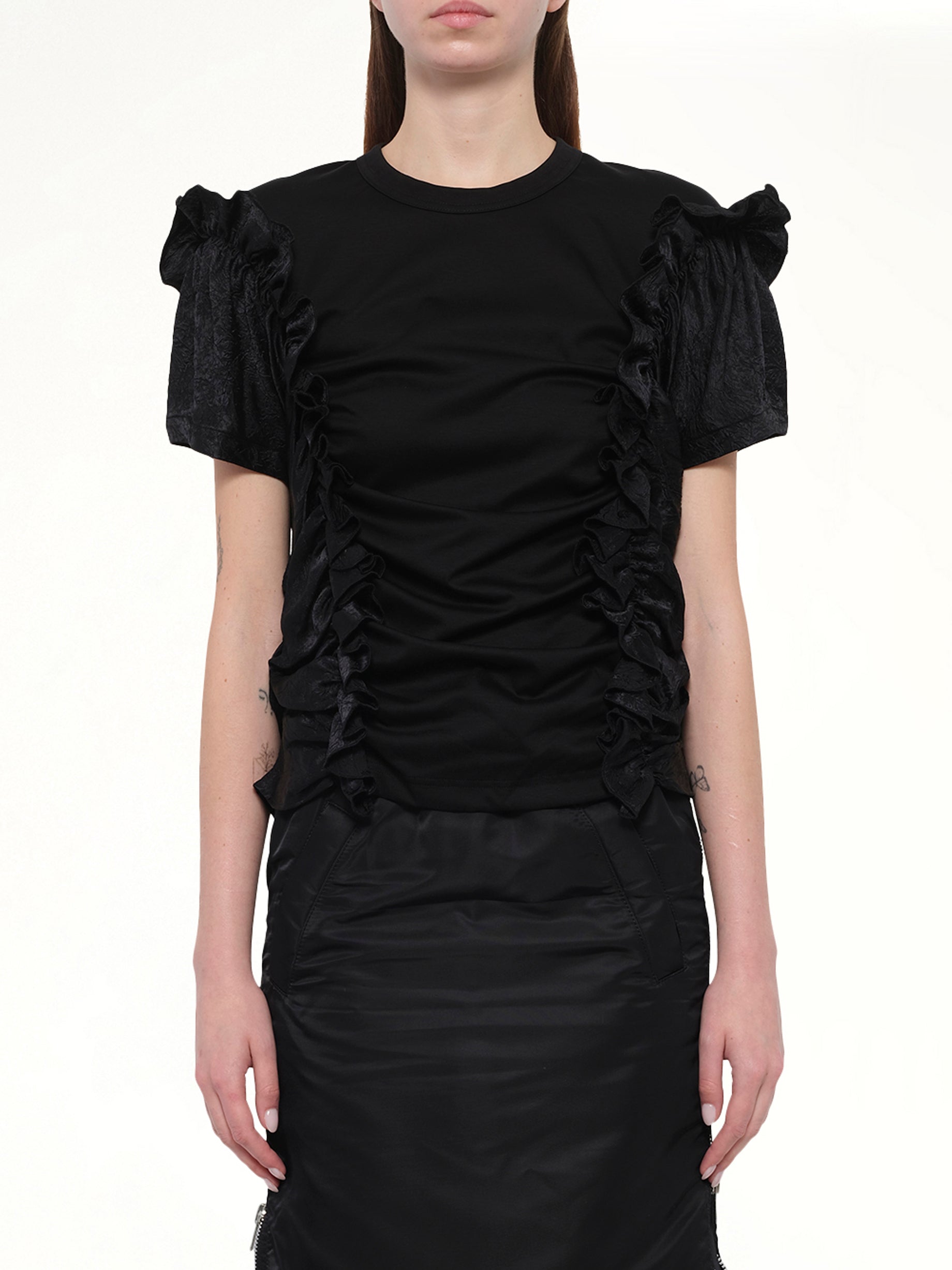 Image of a model wearing Tops. Productname: NOIR KEI NINOMIYA Cotton Ponte T-Shirt in Black colour by brand - NOIR KEI NINOMIYA