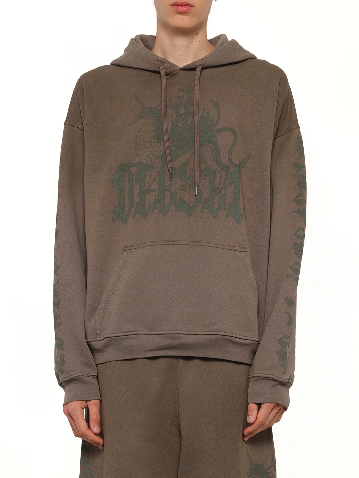 Image of a model wearing Outerwear. Product name - S-GRIFFON Hoodie in Brown colour by brand - DIESEL