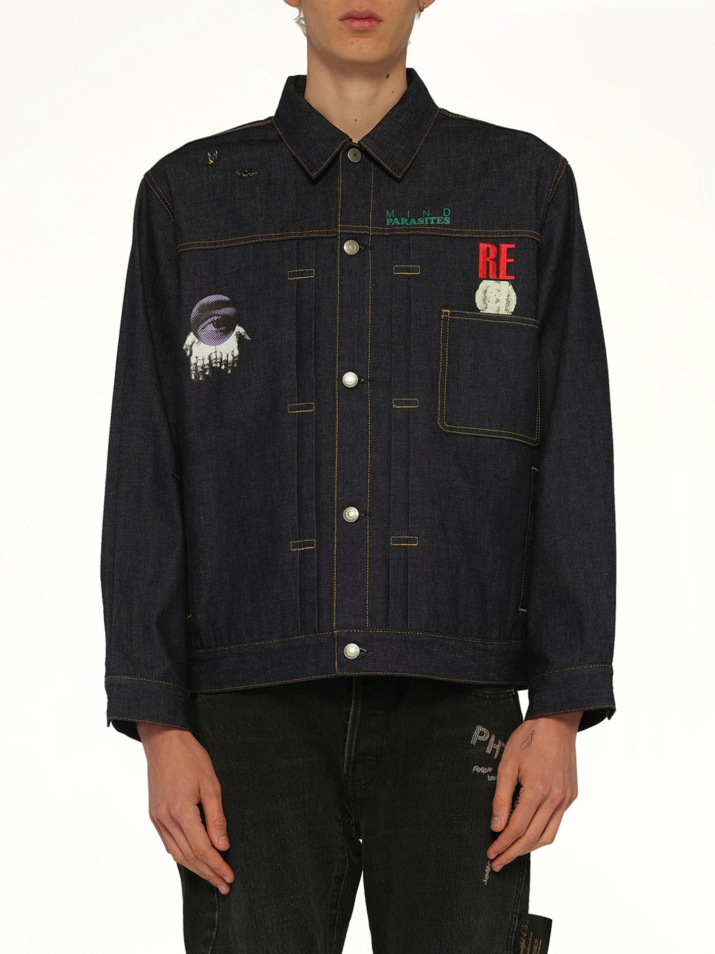 Image of Coats & Jackets. Product name - Mind Parasite Denim Jacket in Indigo colour by brand - UNDERCOVER