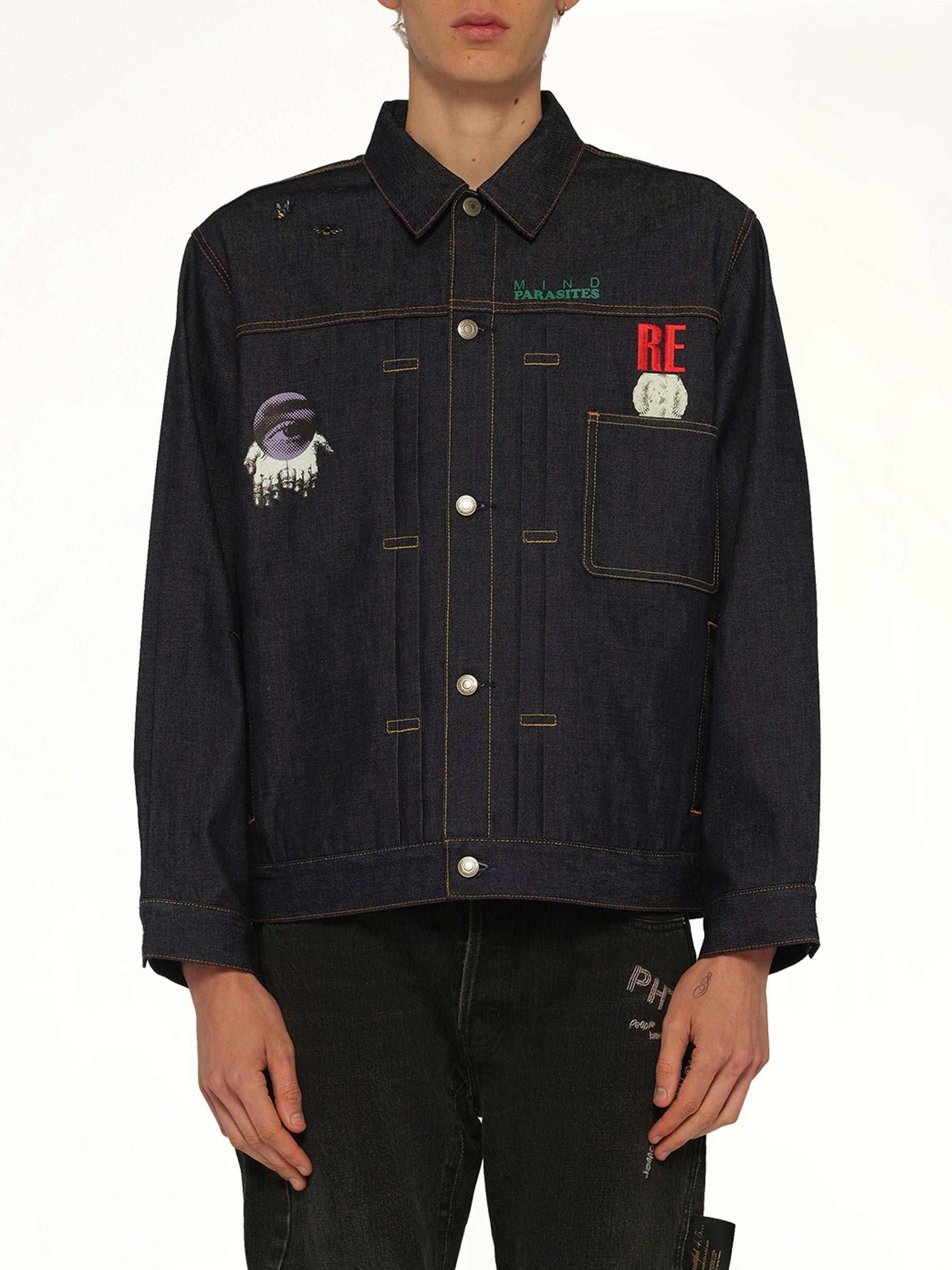 Image of Coats & Jackets. Product name - Mind Parasite Denim Jacket in Indigo colour by brand - UNDERCOVER
