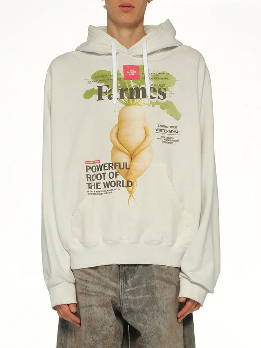Image of a model wearing Outerwear. Product name - Farmes Magazine Cover Hoodie in White colour by brand - DOUBLET