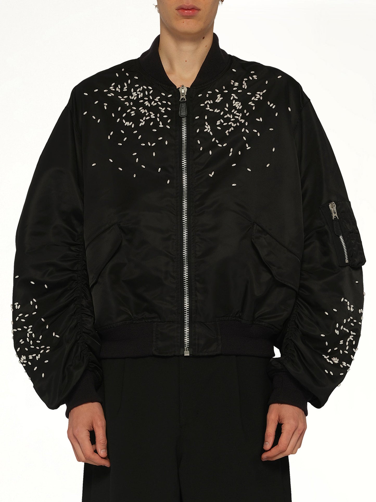 Image of Coats & Jackets. Product name - Spilled Rice Bomber Jacket in Black colour by brand - DOUBLET