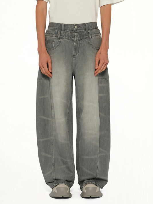 Image of Jeans. Product name - Washed Denim Trousers in Grey colour by brand - FENG CHEN WANG